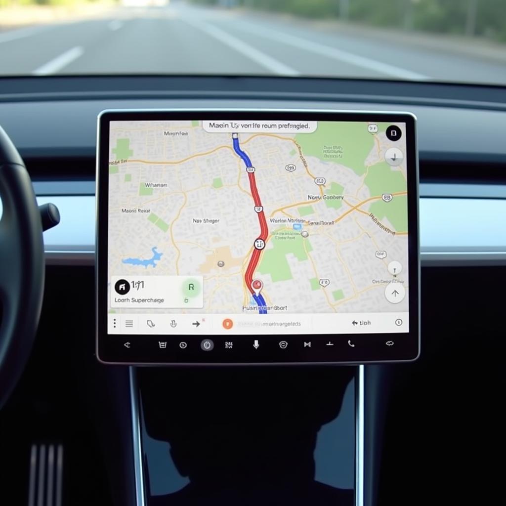 Tesla Navigationssystem im Modell S: Anzeige der dynamischen Routenführung und der Supercharger-Standorte.