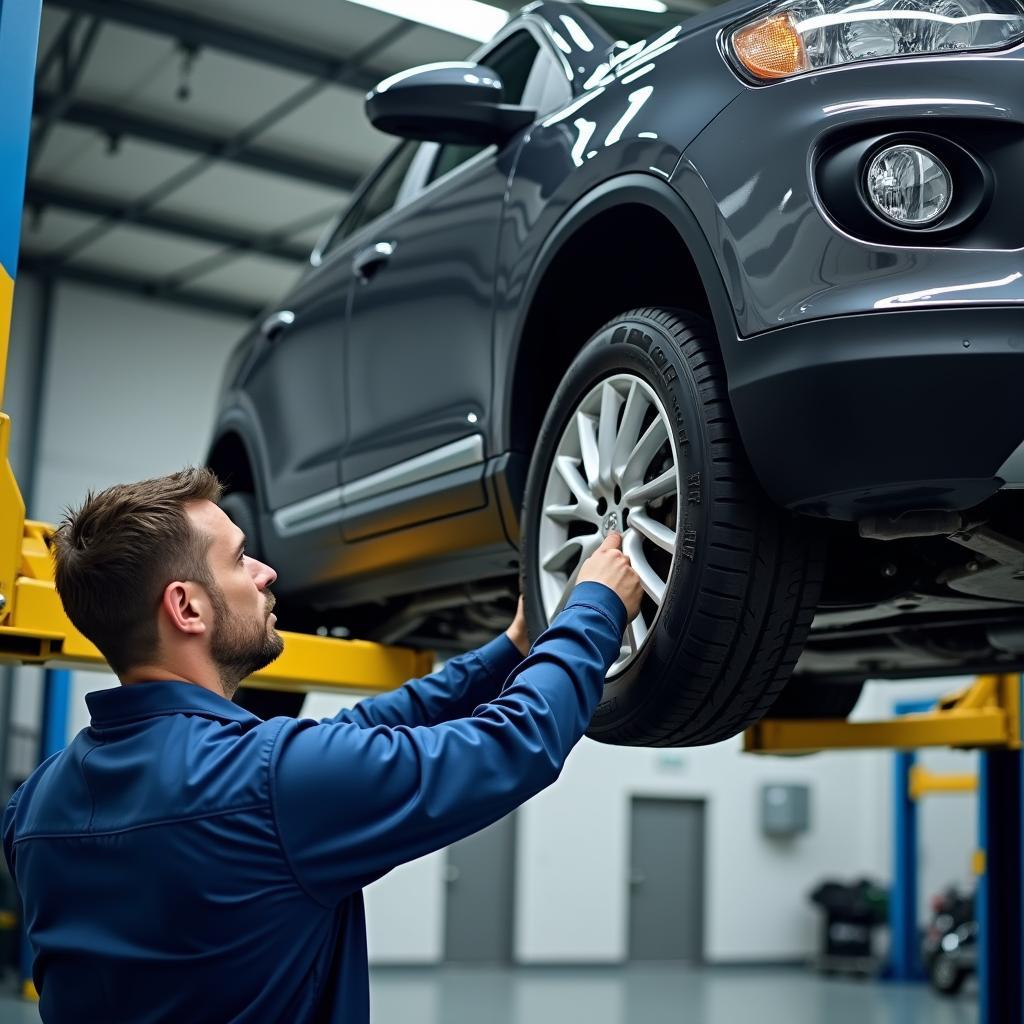 TÜV Bescheinigung Auto Prüfung: Ein Fahrzeug wird auf einer Hebebühne im Rahmen der Hauptuntersuchung geprüft.