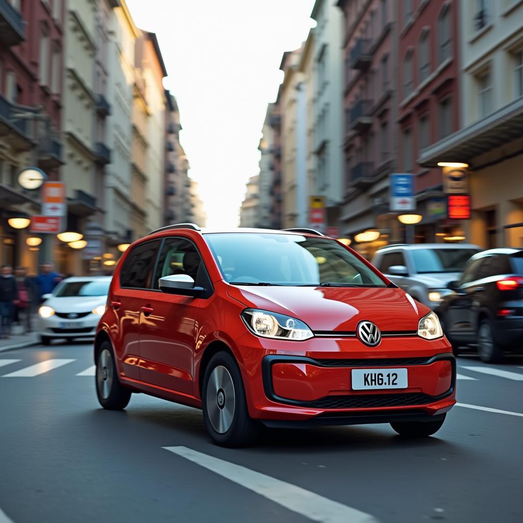 Volkswagen e-up! fährt durch die Stadt.