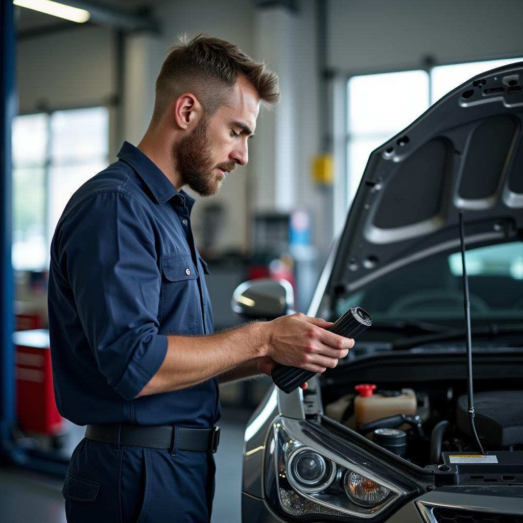 VW Autoversicherung AG Werkstatt Reparatur: Ein Mechaniker überprüft ein Fahrzeug in einer Werkstatt.