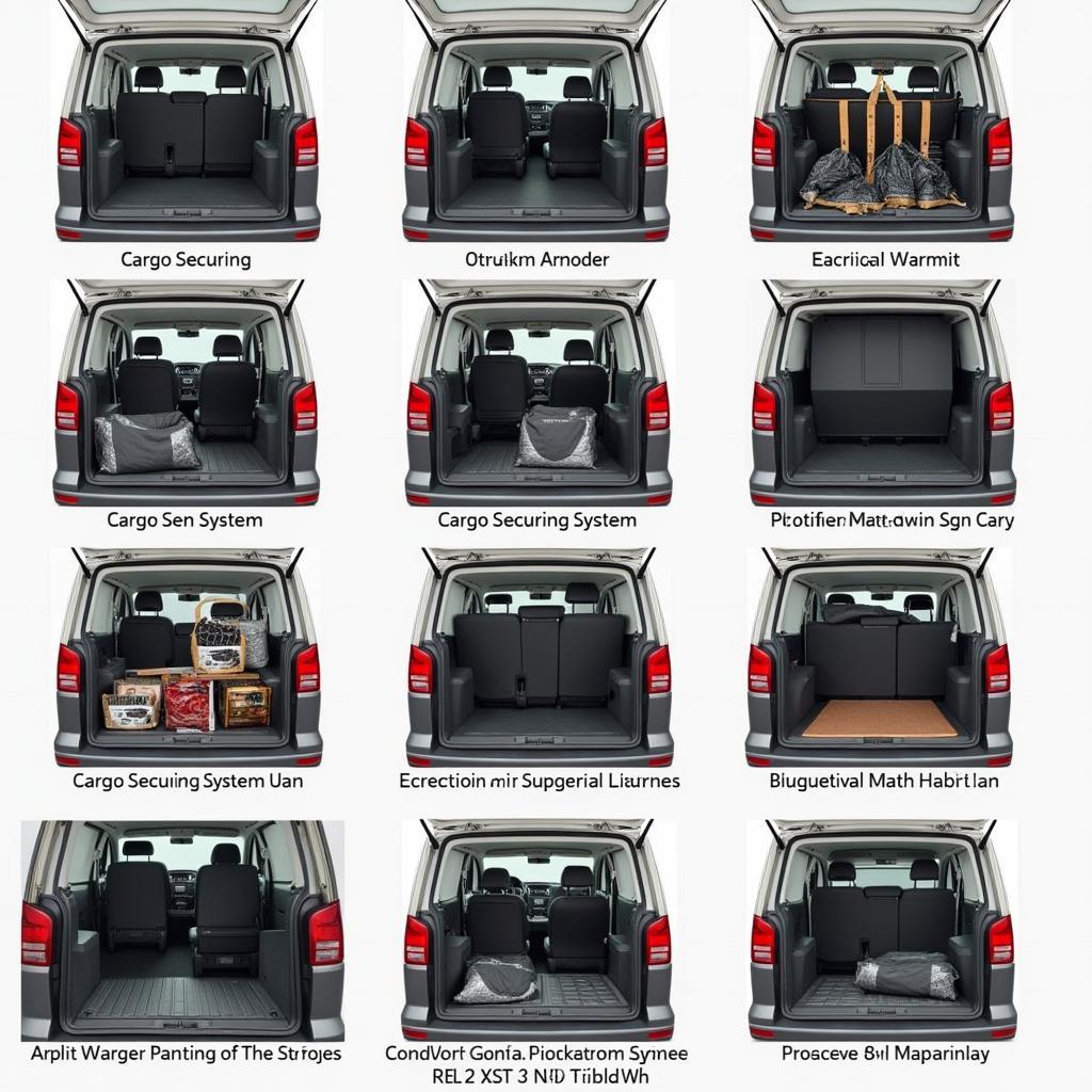 VW T5 Lang Laderaum Zubehör:  Beispiele für Ladungssicherungssysteme, Trennwände und Schutzmatten.