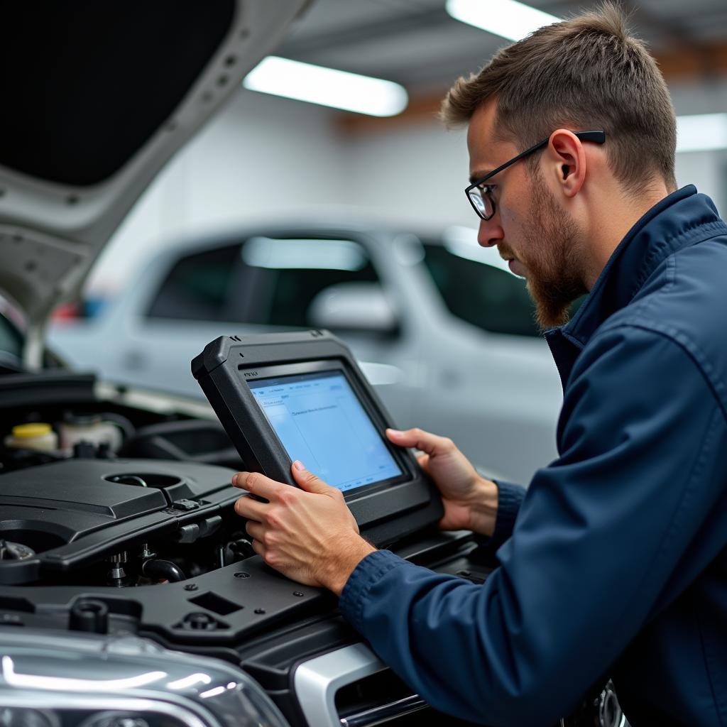 Autoreparatur-Service in einer Werkstatt in Haltern am See: Ein Mechaniker untersucht ein Fahrzeug mit Diagnosegeräten.