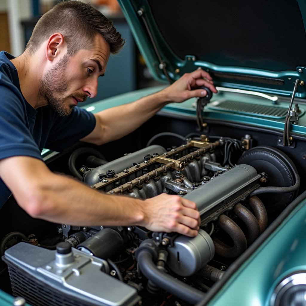 Motorreparatur an einem italienischen Sportwagen