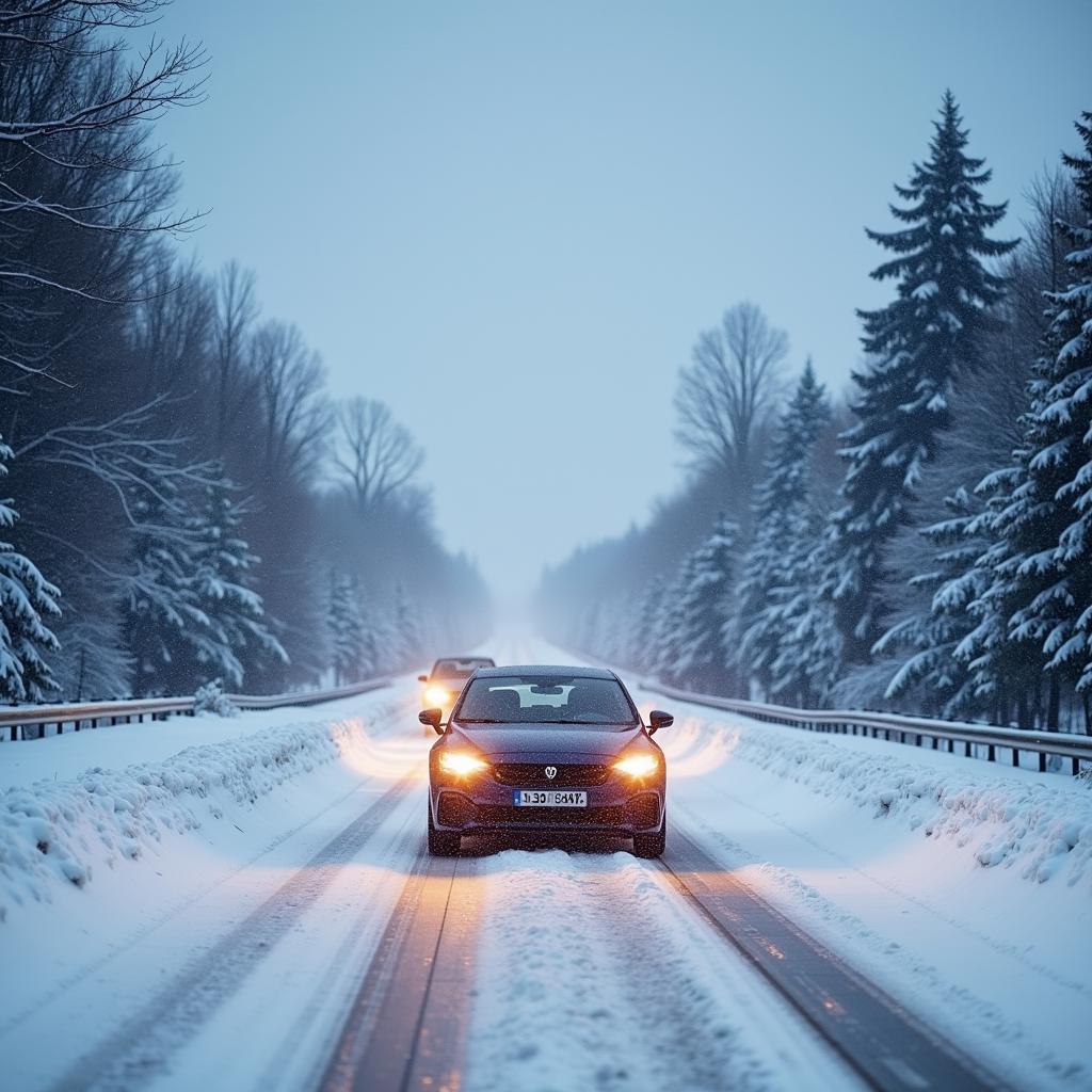 Auto fährt vorsichtig auf verschneiter Straße in Stockholm im Januar