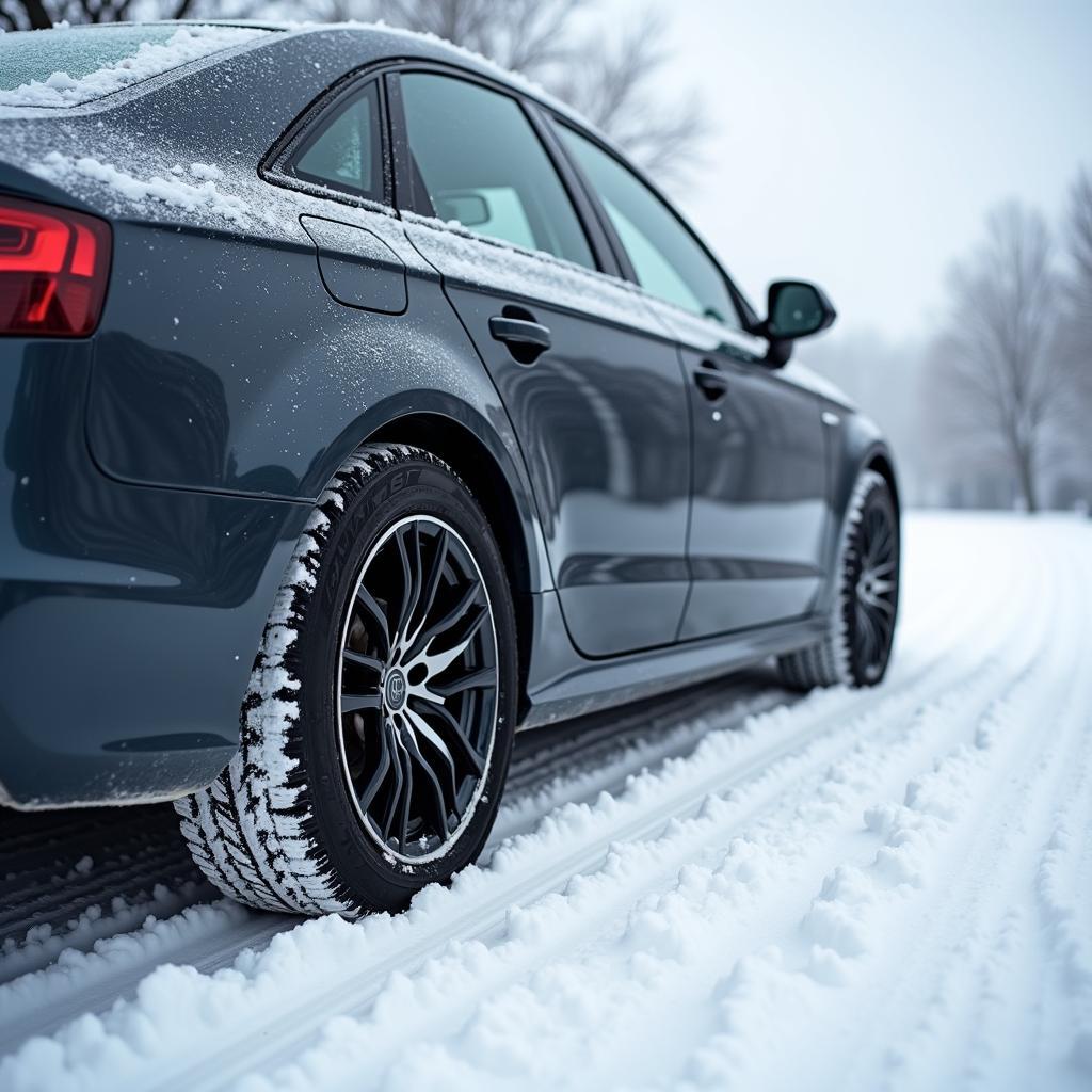 Auto mit montierten Winterkompletträdern auf Stahlfelgen