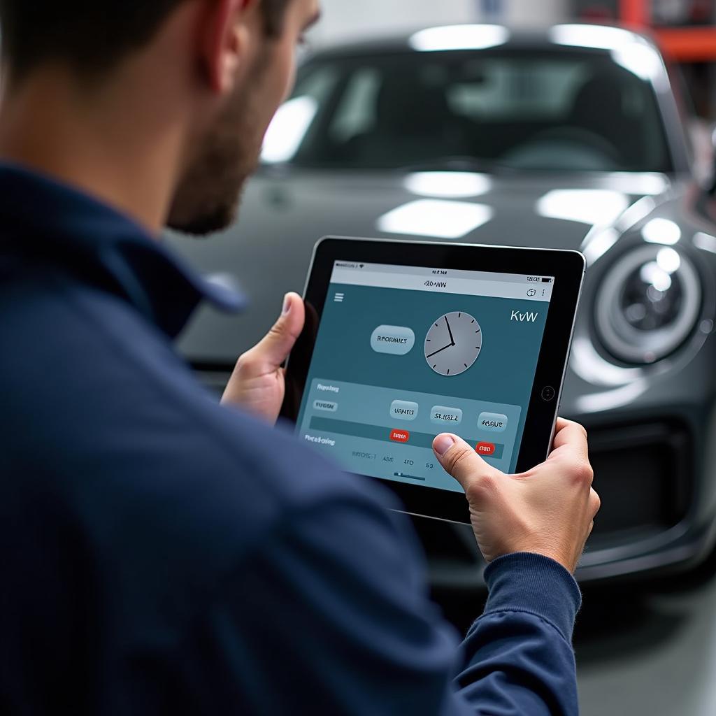 Kfz-Mechaniker nutzt Tablet mit PS-kW-Umrechner-App zur Fahrzeugdiagnose.