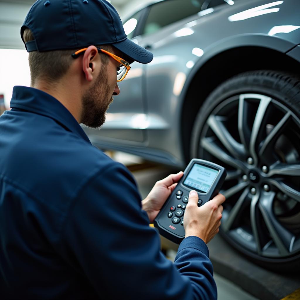 Kfz-Mechatroniker mit Diagnosegerät in der Werkstatt